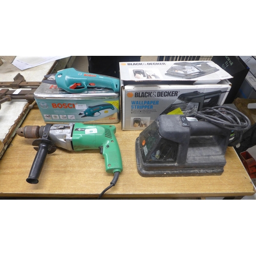 2018 - Bosch cordless secateurs, a Black and Decker stripper and a hammer drill