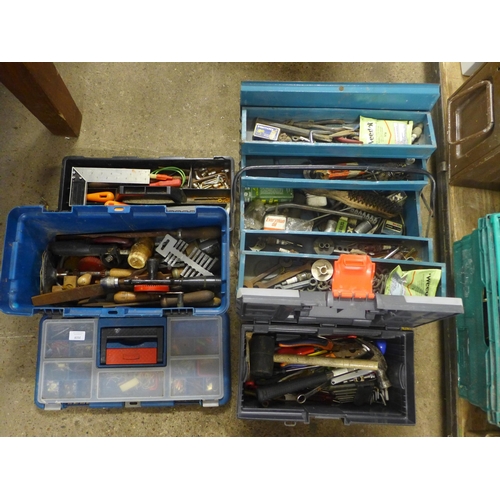 2028 - Three toolboxes with a selection of tools, one metal, including spanners, pliers etc,