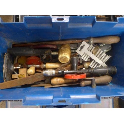 2028 - Three toolboxes with a selection of tools, one metal, including spanners, pliers etc,