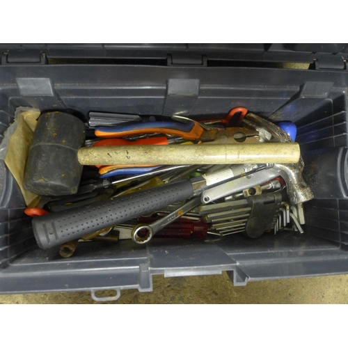 2028 - Three toolboxes with a selection of tools, one metal, including spanners, pliers etc,