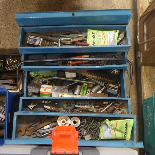 2028 - Three toolboxes with a selection of tools, one metal, including spanners, pliers etc,