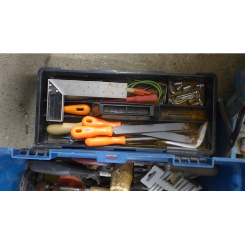 2028 - Three toolboxes with a selection of tools, one metal, including spanners, pliers etc,