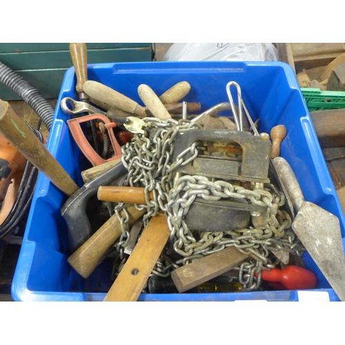 2030 - A box of assorted hand tools including chain winch, saws, axes etc. and a box of wooden block planes