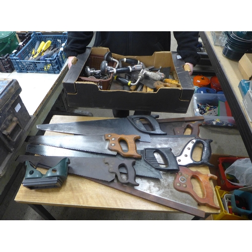 2055 - A box of saws, tools, Arga hand drills, etc.