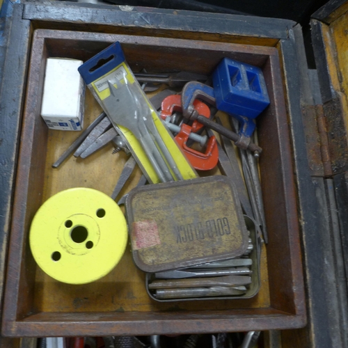 2056 - A blue wooden box with assorted tools including clamps, spanners, pliers, screwdrivers etc.