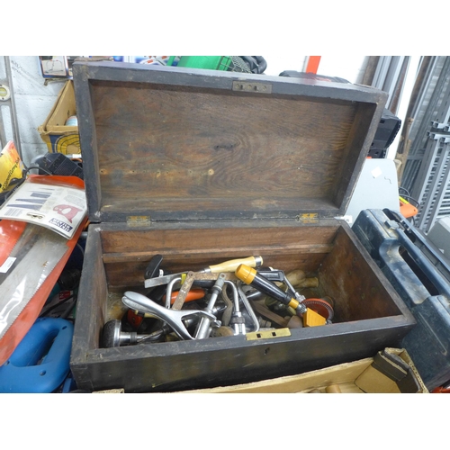 2061 - A wooden box of hand tools including hand drills, an SB 3 Stanley plane etc