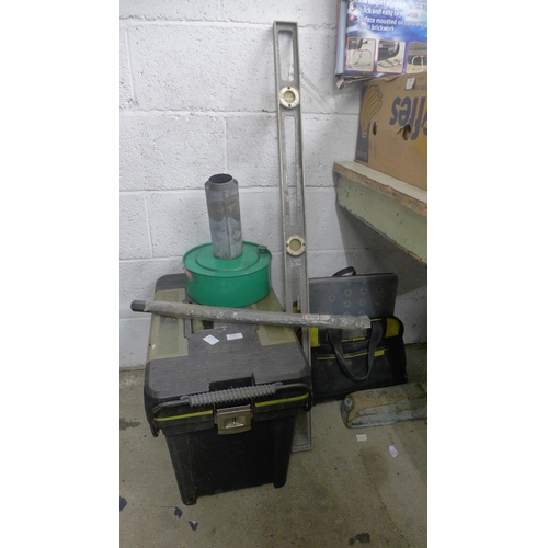 2065 - A tool box and tool bag with tools and a greenhouse heater