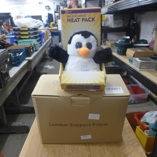 2099 - A lumbar support pillow and a 'Big Eyes' wheat heat pack (unused)