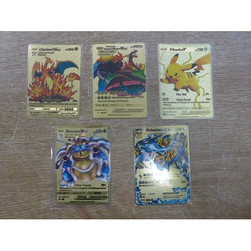 2125 - Five metal gold-coloured Pokemon cards