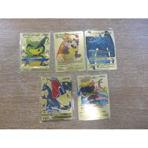 2126 - Five metal gold-coloured Pokemon cards