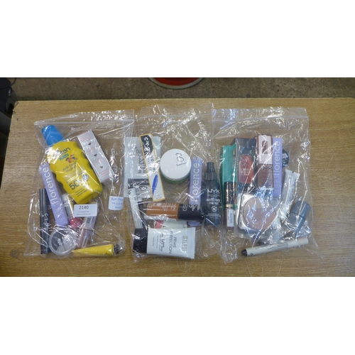 2140 - Three bags of cosmetics including make up, creams and lotions etc.