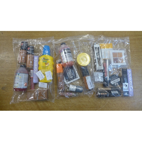 2142 - Three bags of cosmetics including make up, creams and lotions etc.