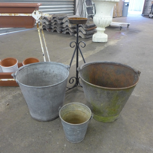 2253 - Plant stands with two troughs, plant pots and three metal buckets