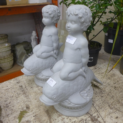 2271 - Two cherub and Koi garden ornaments