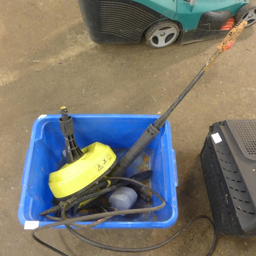 2326 - A Bosch lawn mower, two spare collectors and a box of jet wash parts