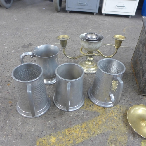 2357 - Metalware box including tankards, candlestick holders, slippers