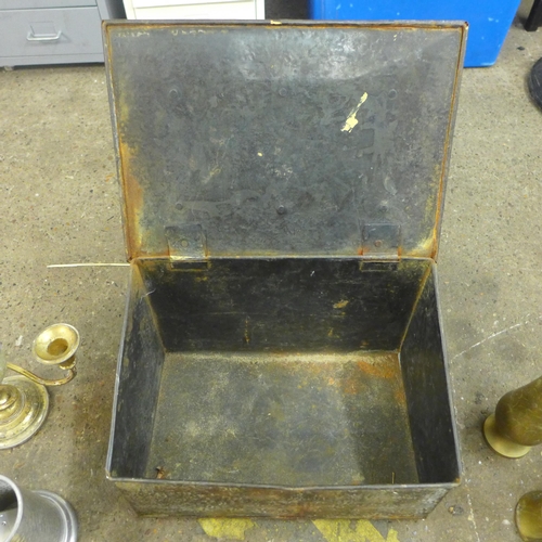 2357 - Metalware box including tankards, candlestick holders, slippers