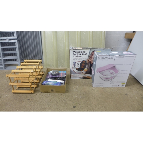 2393 - A Visage foot spa, a massaging seat cushion, a wine rack and a box of leads