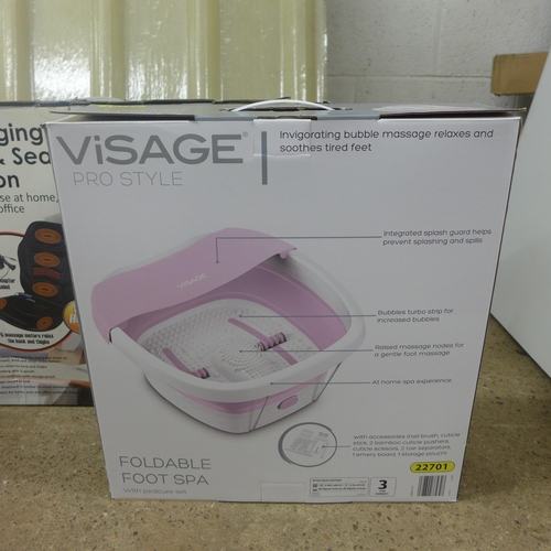 2393 - A Visage foot spa, a massaging seat cushion, a wine rack and a box of leads