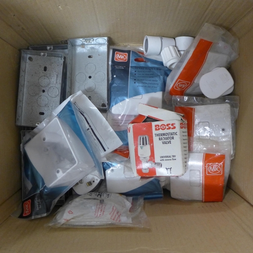 2397 - A box of electrical hardware including sockets and switches, a Boss thermostatic radiator valve, etc... 