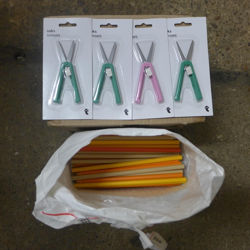 2403 - A box of approximately 36 pairs of scissors and a large bag of pencils