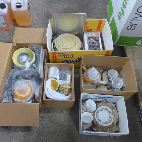 2427 - 5 Boxes of kitchen items: trays, bowls, teapot, mugs