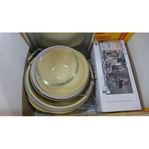 2427 - 5 Boxes of kitchen items: trays, bowls, teapot, mugs