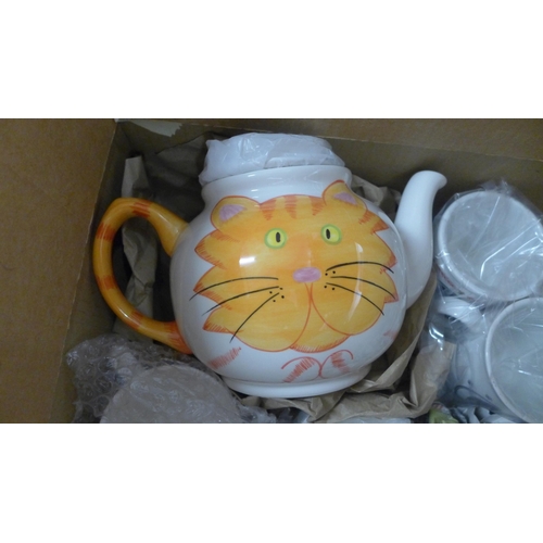 2427 - 5 Boxes of kitchen items: trays, bowls, teapot, mugs