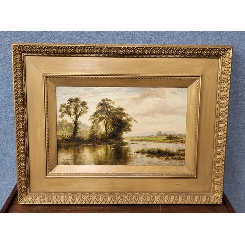 284 - Robert Gallon (1845-1925), river landscape, oil on canvas, signed lower left, 24 x 39cms, framed