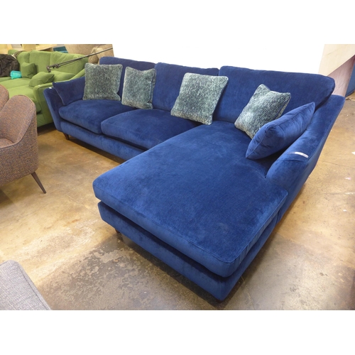 1303 - A Barker and Stonehouse deep blue velvet upholstered right hand facing corner sofa/chaise on turned ... 