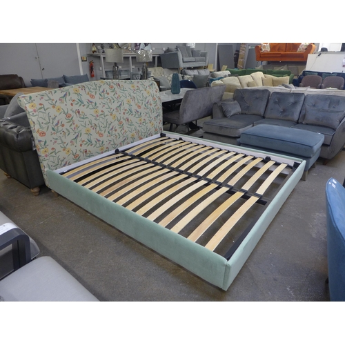 1483 - A mint green velvet and floral patterned upholstered superking bed frame