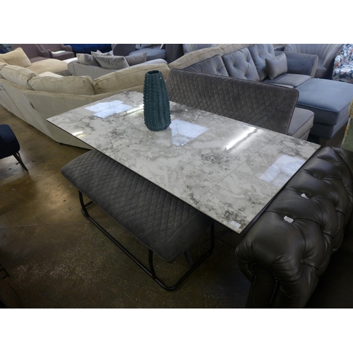 1485 - A KOS 1.3m - 1.8m marble top extending dining table with one high back and one low back bench  * Thi... 