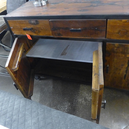 1496 - An industrial style hardwood and metal three door, three drawer sideboard on wheels  *This lot is su... 