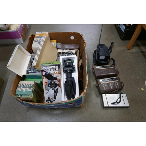 1081 - A box of camera equipment and one folding camera plus three radios and one radio/TV combi and a smal... 