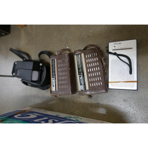 1081 - A box of camera equipment and one folding camera plus three radios and one radio/TV combi and a smal... 