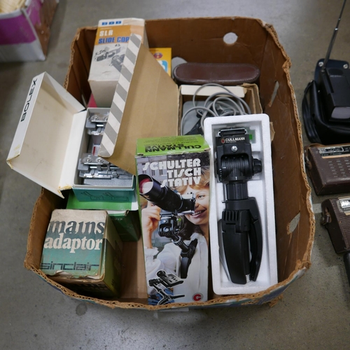 1081 - A box of camera equipment and one folding camera plus three radios and one radio/TV combi and a smal... 