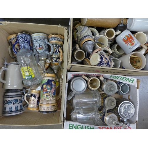 1113 - Three boxes of German steins, glass, ceramic and stoneware **PLEASE NOTE THIS LOT IS NOT ELIGIBLE FO... 