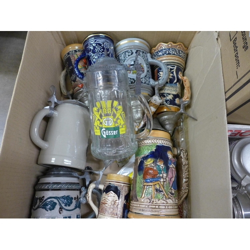 1113 - Three boxes of German steins, glass, ceramic and stoneware **PLEASE NOTE THIS LOT IS NOT ELIGIBLE FO... 