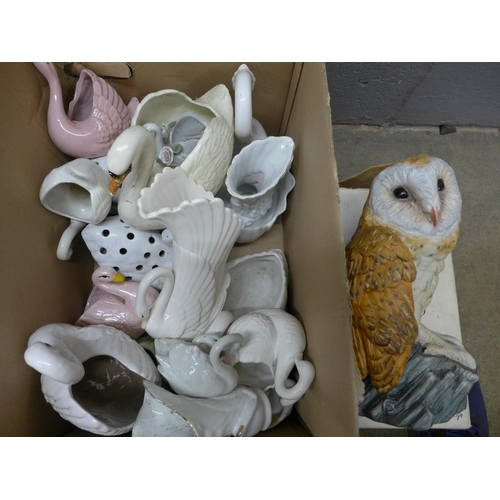 1117 - A box of ceramic swan figures, vases and a Leonardo owl **PLEASE NOTE THIS LOT IS NOT ELIGIBLE FOR P... 