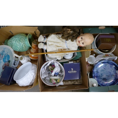 1120 - Assorted items; china, jewellery boxes, a doll, Sherwood Foresters swagger stick, etc. **PLEASE NOTE... 