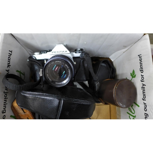 1124 - A Pentax ME Super 35mm SLR camera, a Russian camera, a pair of binoculars, a folding camera, light m... 