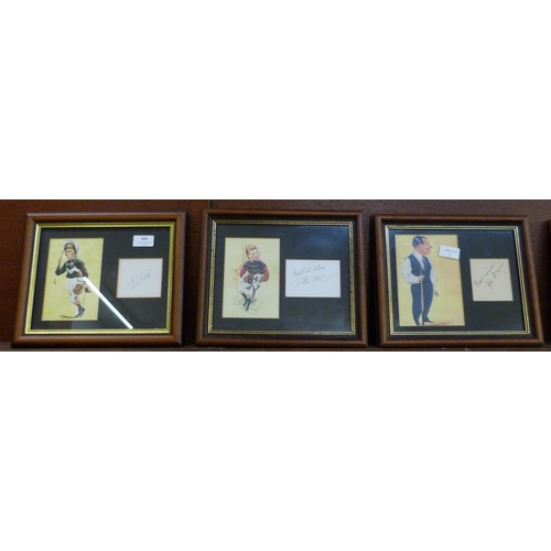 601 - Three framed and mounted caricatures and signatures - Joe Davis, Lester Piggott and Willie Carson