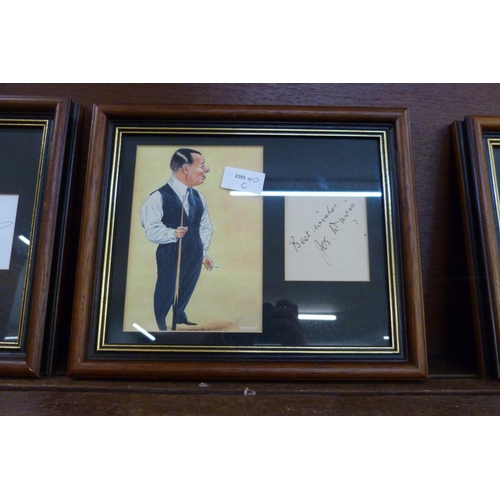 601 - Three framed and mounted caricatures and signatures - Joe Davis, Lester Piggott and Willie Carson