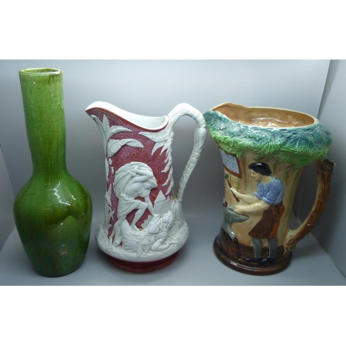 612 - A Victorian pitcher with registration lozenge to base, impressed mark Gibbs & Son, a green Bretby st... 