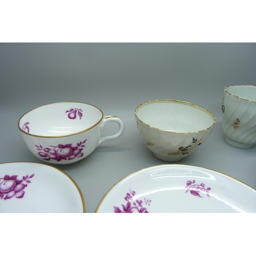 626 - A 19th Century fine porcelain cup and two saucers and a Georgian fine porcelain trio, painted and gi... 