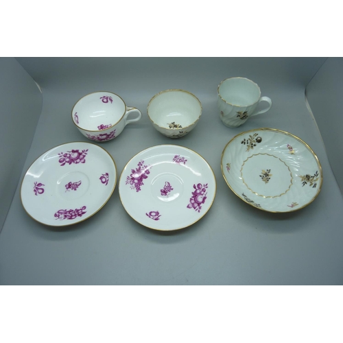 626 - A 19th Century fine porcelain cup and two saucers and a Georgian fine porcelain trio, painted and gi... 