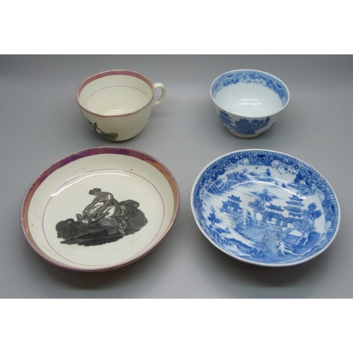 628 - An oriental blue and white tea bowl and saucer (a/f, cracked), with temple scene and a Regency perio... 