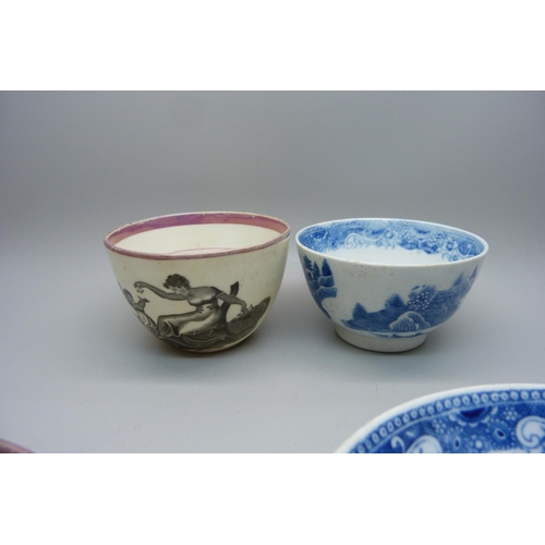 628 - An oriental blue and white tea bowl and saucer (a/f, cracked), with temple scene and a Regency perio... 