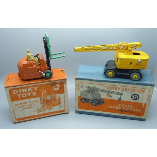 630 - A Dinky Toys no.14C Coventry Climax Fork Lift Truck and Dinky Supertoys no.571 Coles Mobile Crane