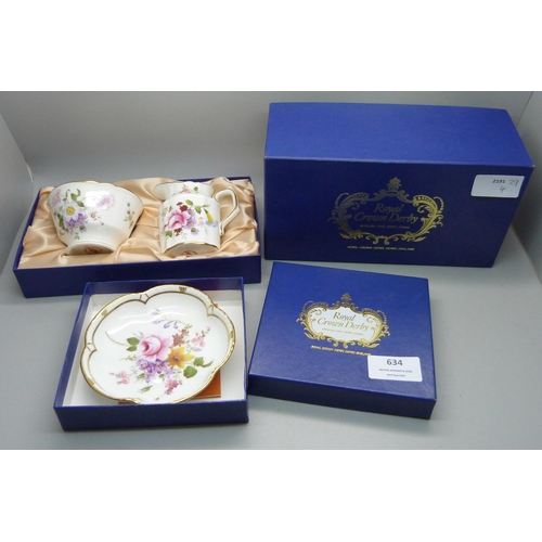 634 - A Royal Crown Derby Derby Posies pin dish and cream jug and sugar bowl, all boxed